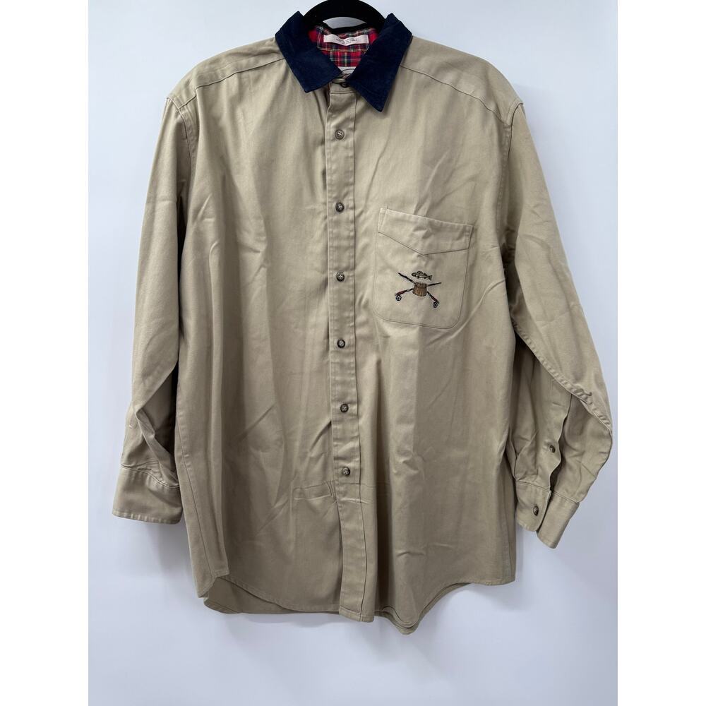 John Ashford Sport Men's Tan Long Button-Up Embroidered‎ Trout Fishing Shirt M